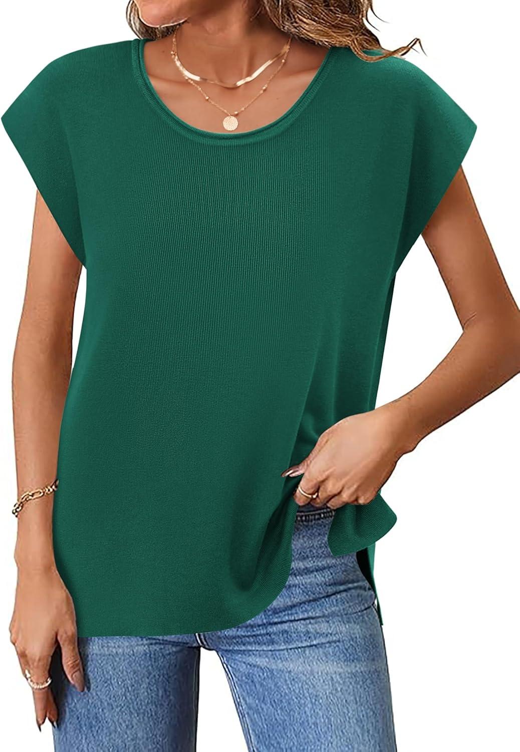 imageZeagoo Sweater Vest Women Crew Neck Loose Fit Knit Lightweight T Shirts Pullover Casual Summer OutfitsDark Green