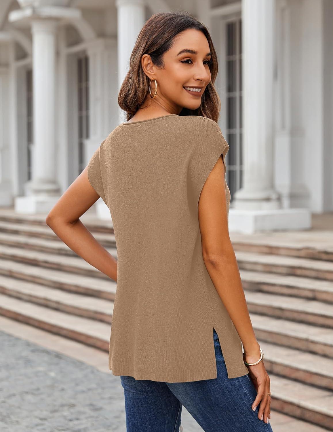 imageZeagoo Sweater Vest Women Crew Neck Loose Fit Knit Lightweight T Shirts Pullover Casual Summer OutfitsLight Khaki