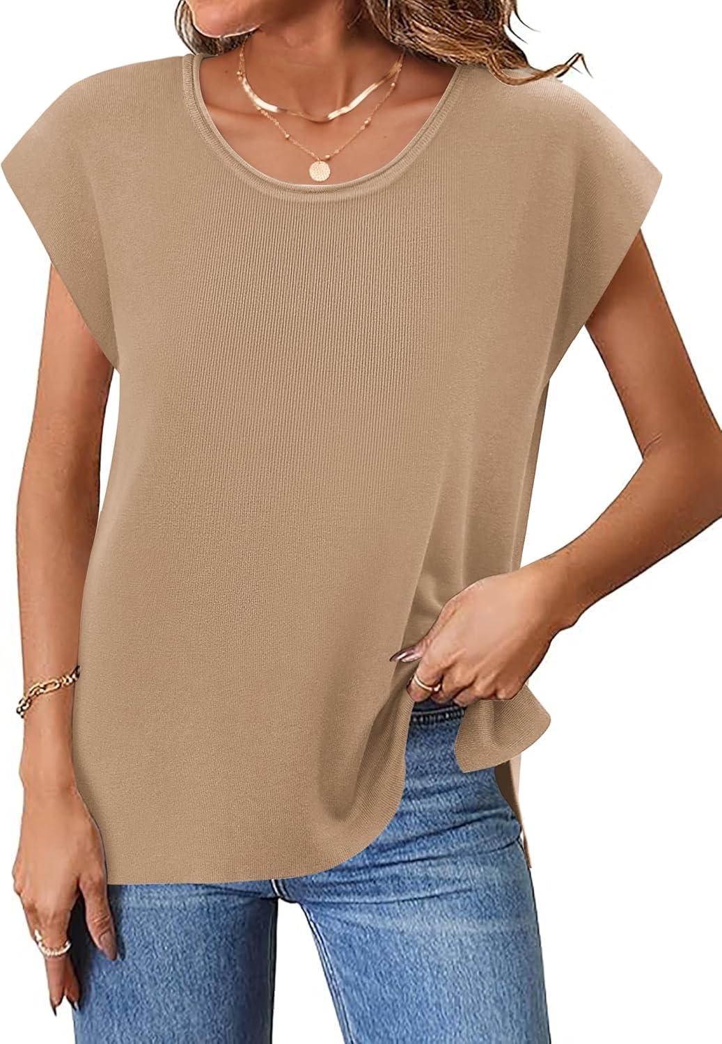 imageZeagoo Sweater Vest Women Crew Neck Loose Fit Knit Lightweight T Shirts Pullover Casual Summer OutfitsLight Khaki