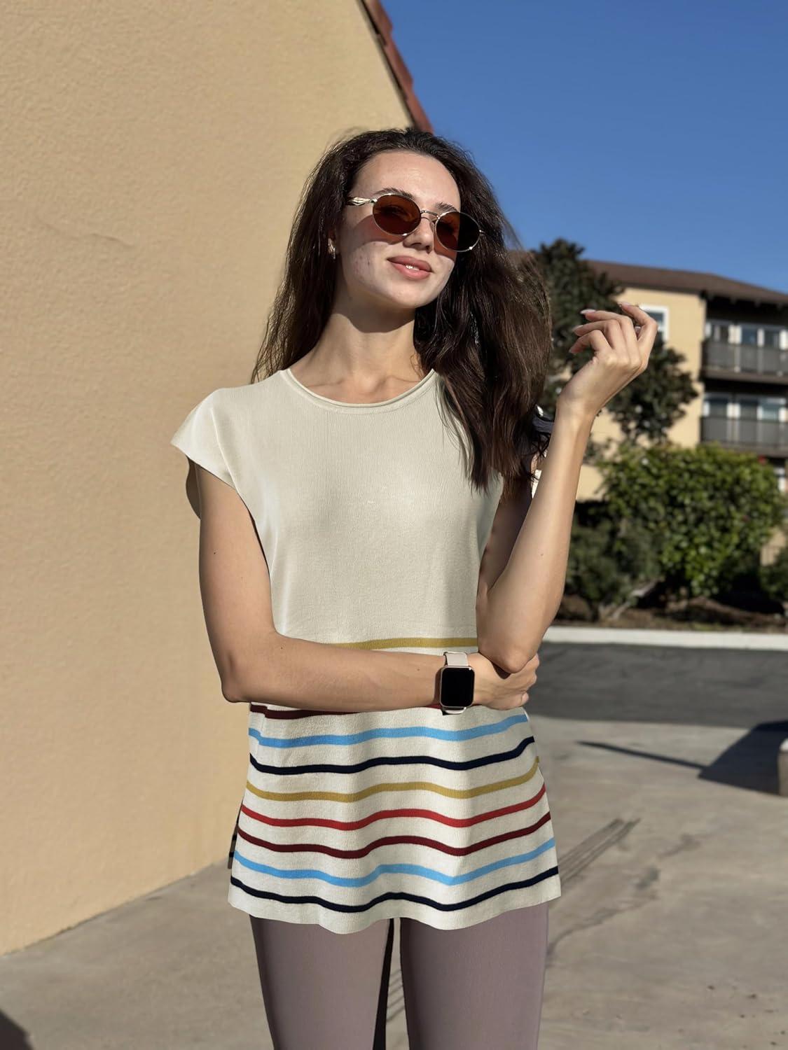 imageZeagoo Sweater Vest Women Crew Neck Loose Fit Knit Lightweight T Shirts Pullover Casual Summer OutfitsStripes Colorful Cream