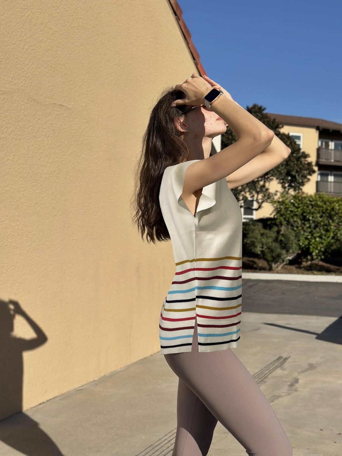 imageZeagoo Sweater Vest Women Crew Neck Loose Fit Knit Lightweight T Shirts Pullover Casual Summer OutfitsStripes Colorful Cream