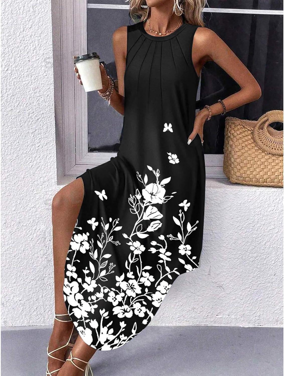 imageZeagoo Women Floral Summer Casual Beach Printed Tank Dress with Pockets Pleated Front Long Dress2602 Black Floral