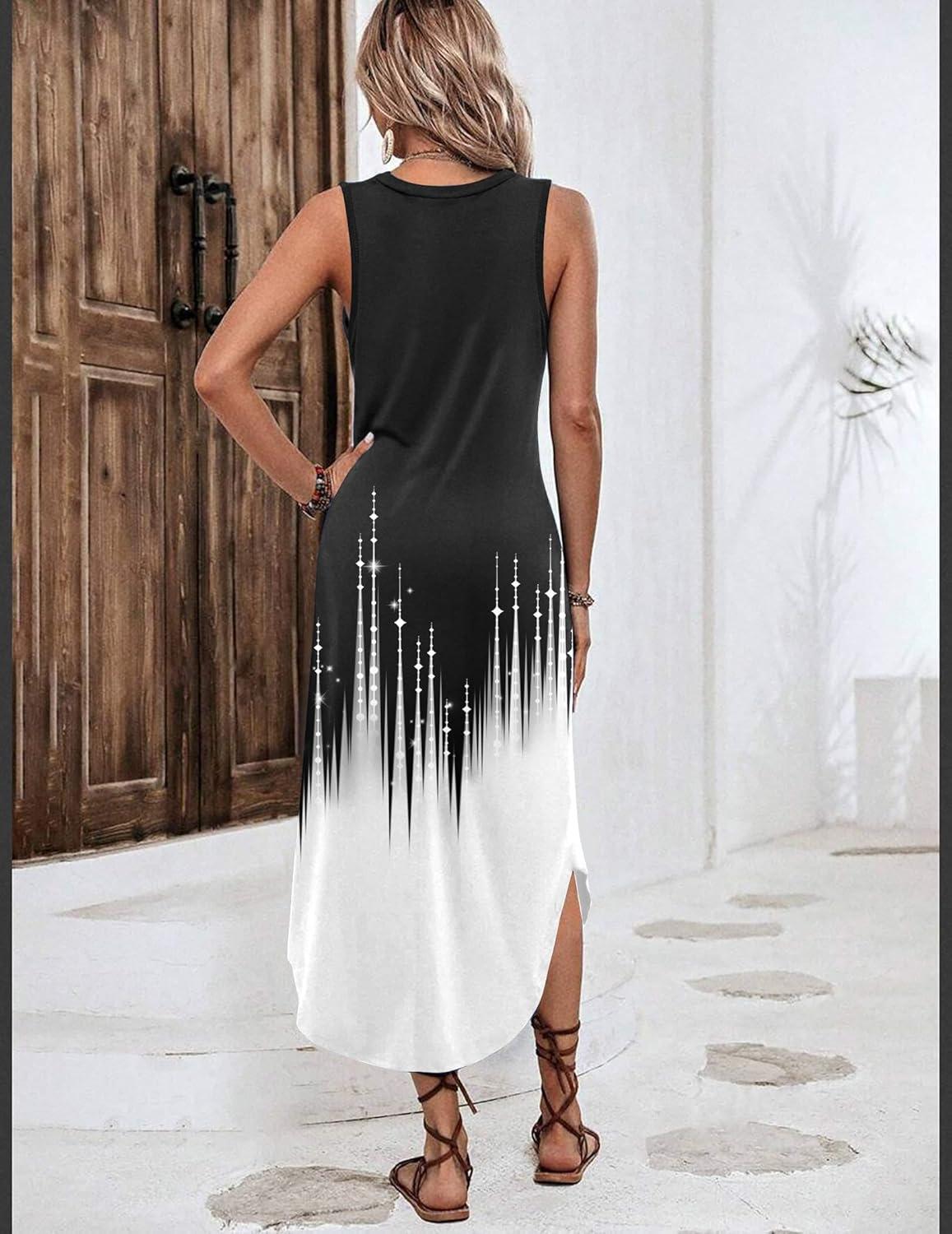 imageZeagoo Women Floral Summer Casual Beach Printed Tank Dress with Pockets Pleated Front Long Dress2602 Blackwhite