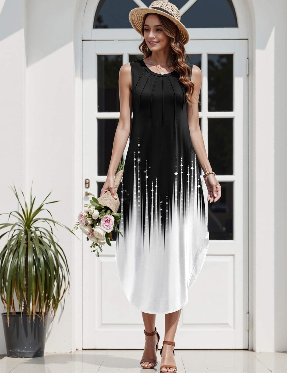 imageZeagoo Women Floral Summer Casual Beach Printed Tank Dress with Pockets Pleated Front Long Dress2602 Blackwhite