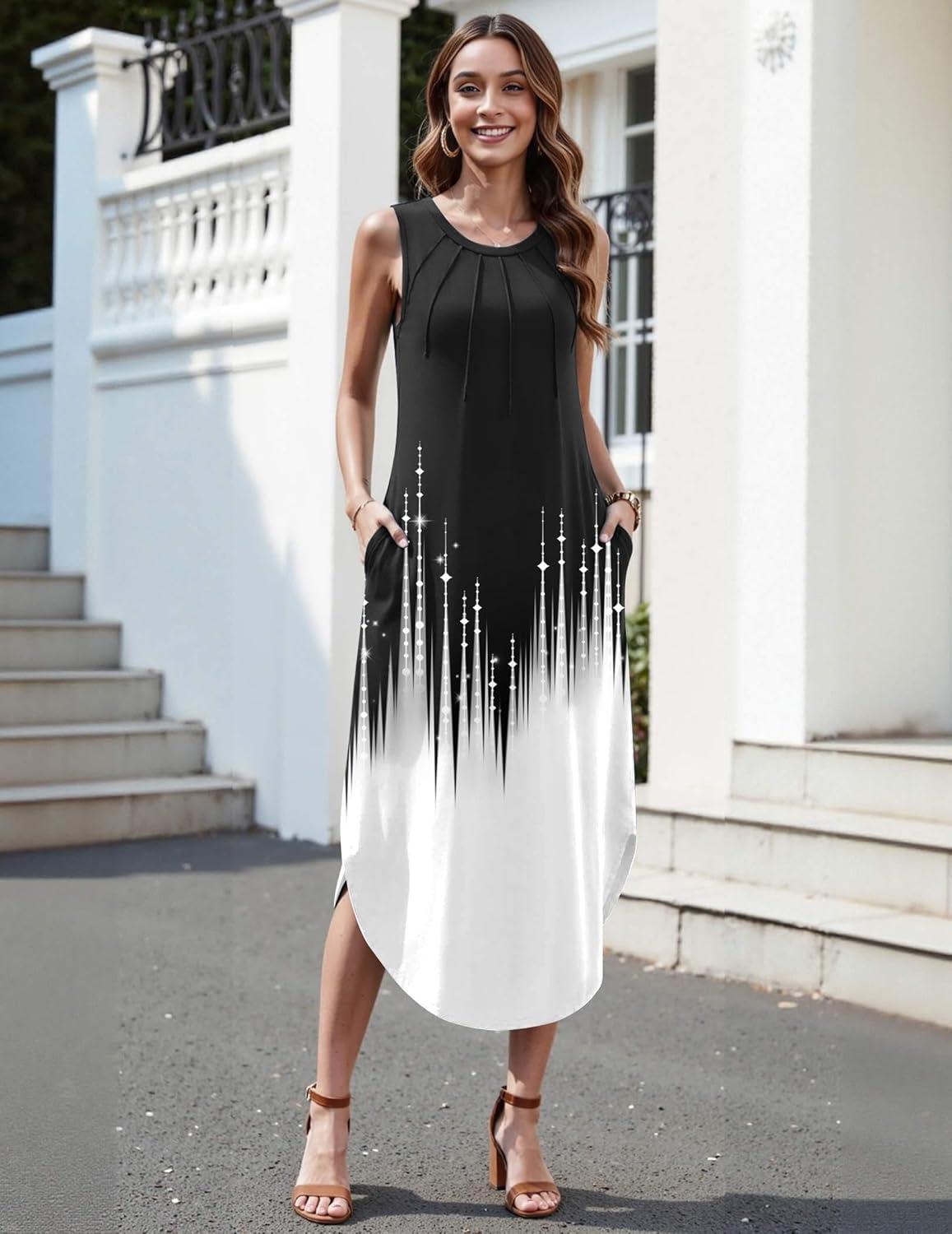 imageZeagoo Women Floral Summer Casual Beach Printed Tank Dress with Pockets Pleated Front Long Dress2602 Blackwhite