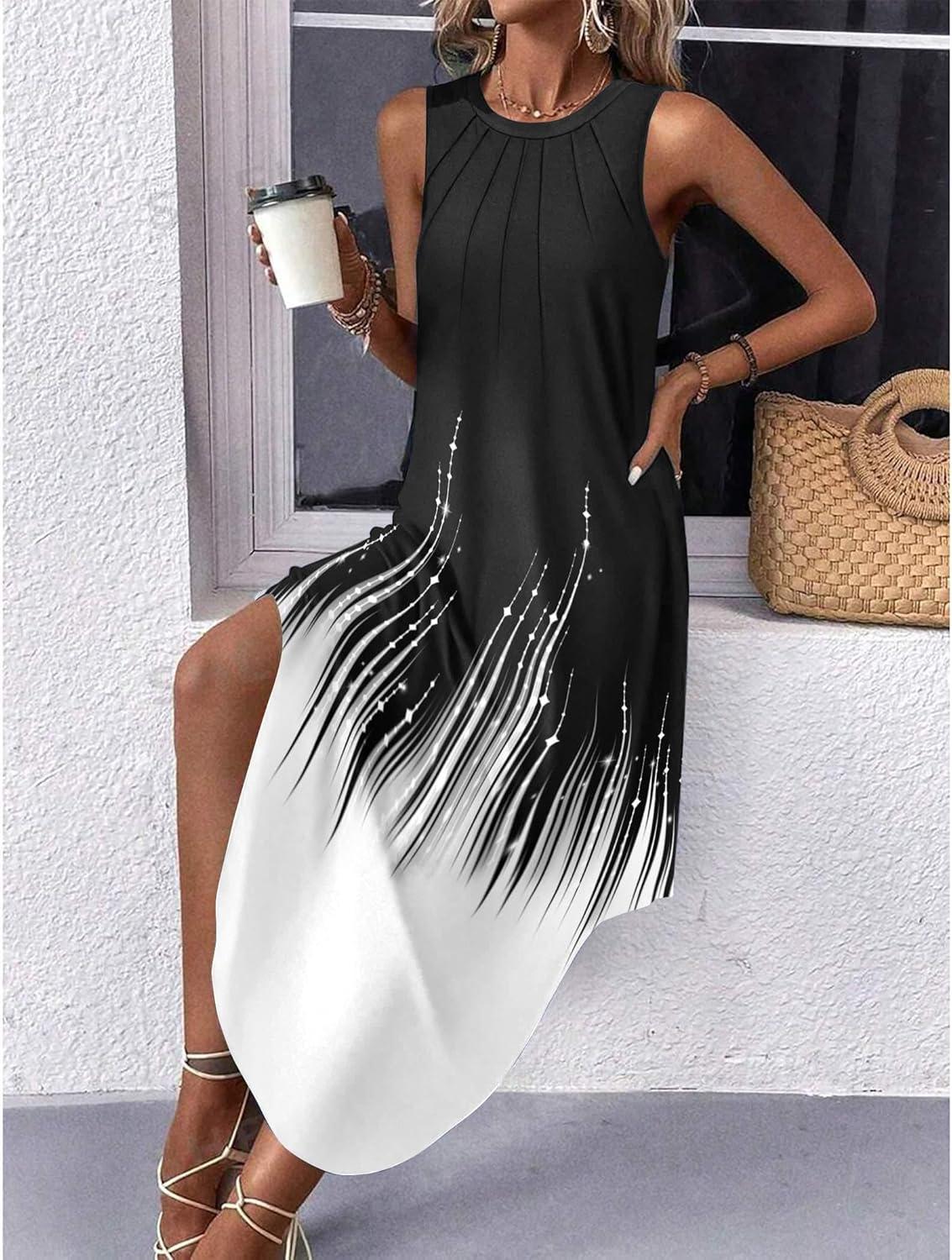 imageZeagoo Women Floral Summer Casual Beach Printed Tank Dress with Pockets Pleated Front Long Dress2602 Blackwhite