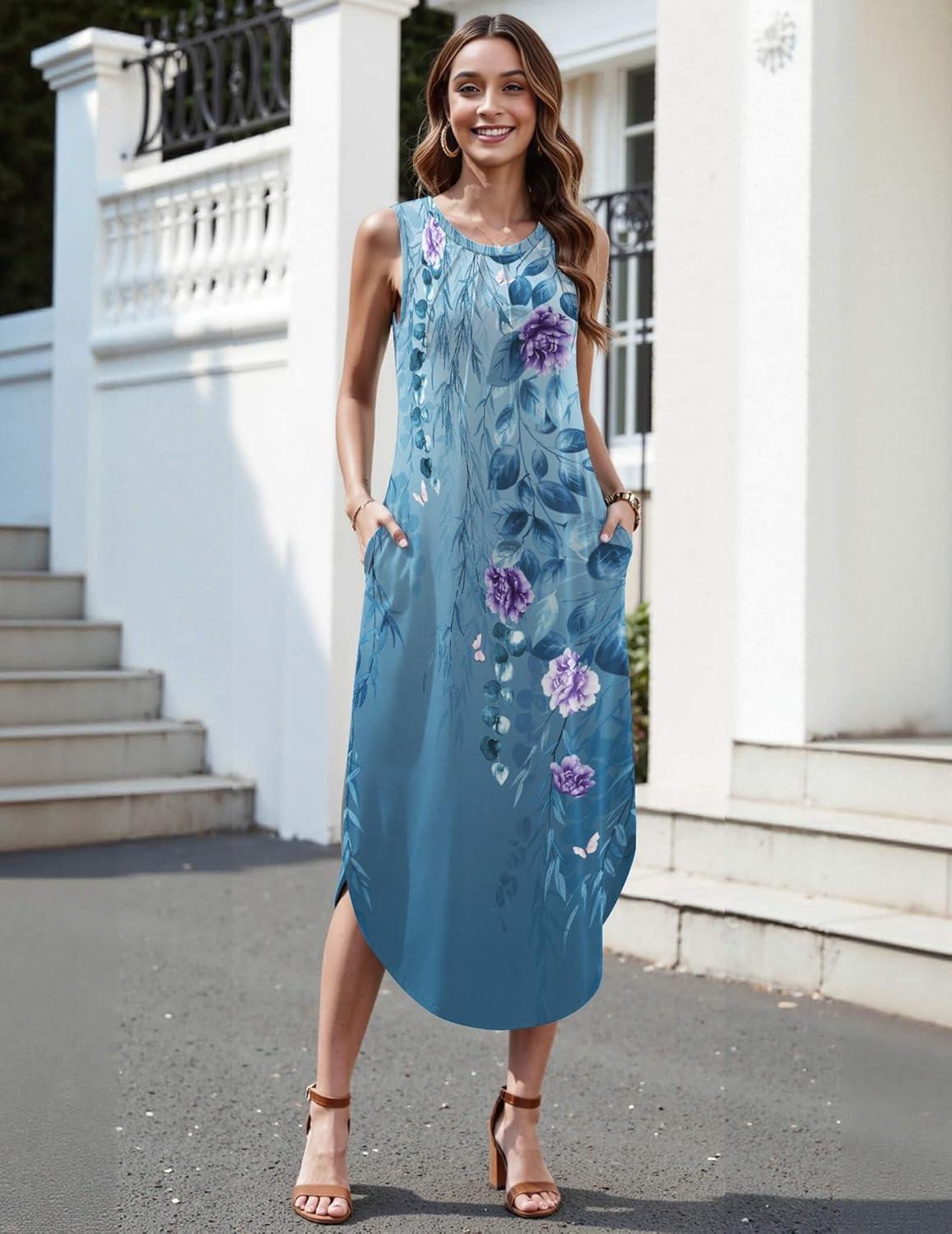 imageZeagoo Women Floral Summer Casual Beach Printed Tank Dress with Pockets Pleated Front Long Dress2602 Blue Floral