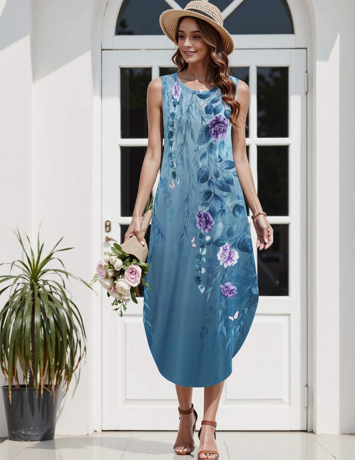 imageZeagoo Women Floral Summer Casual Beach Printed Tank Dress with Pockets Pleated Front Long Dress2602 Blue Floral