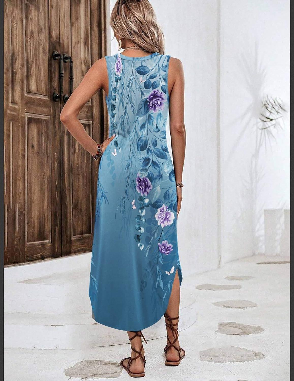 imageZeagoo Women Floral Summer Casual Beach Printed Tank Dress with Pockets Pleated Front Long Dress2602 Blue Floral