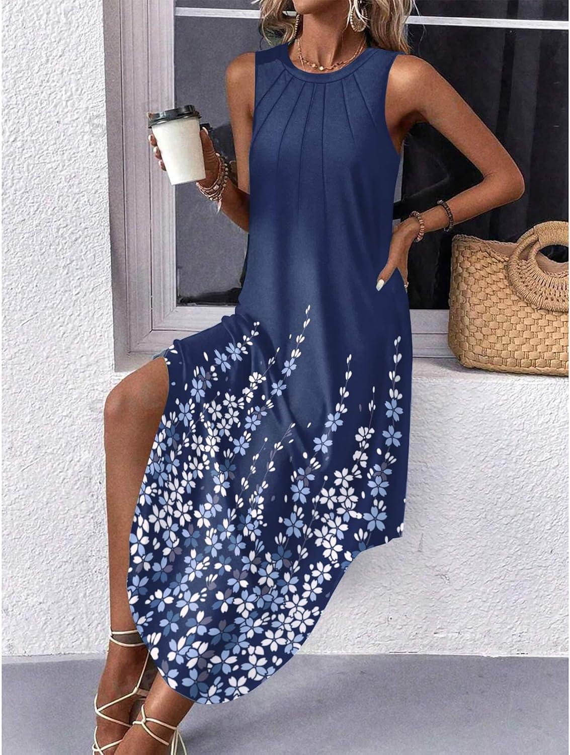 imageZeagoo Women Floral Summer Casual Beach Printed Tank Dress with Pockets Pleated Front Long Dress2602 Navy Printed