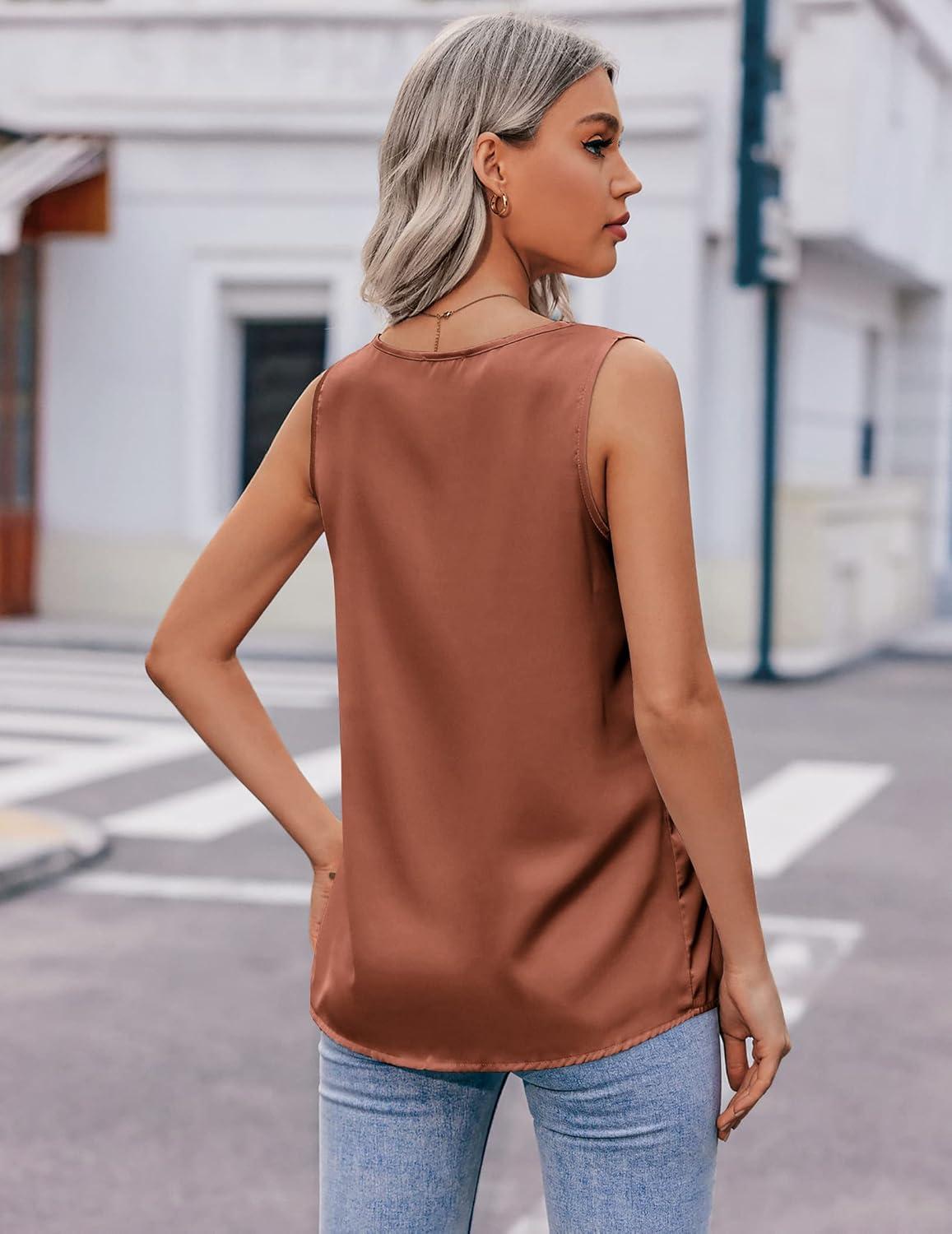 imageZeagoo Womens 2025 Silk Satin Tank Tops V Neck Casual Cami Sleeveless Camisole Blouses Summer Basic Tank ShirtA Terracotta