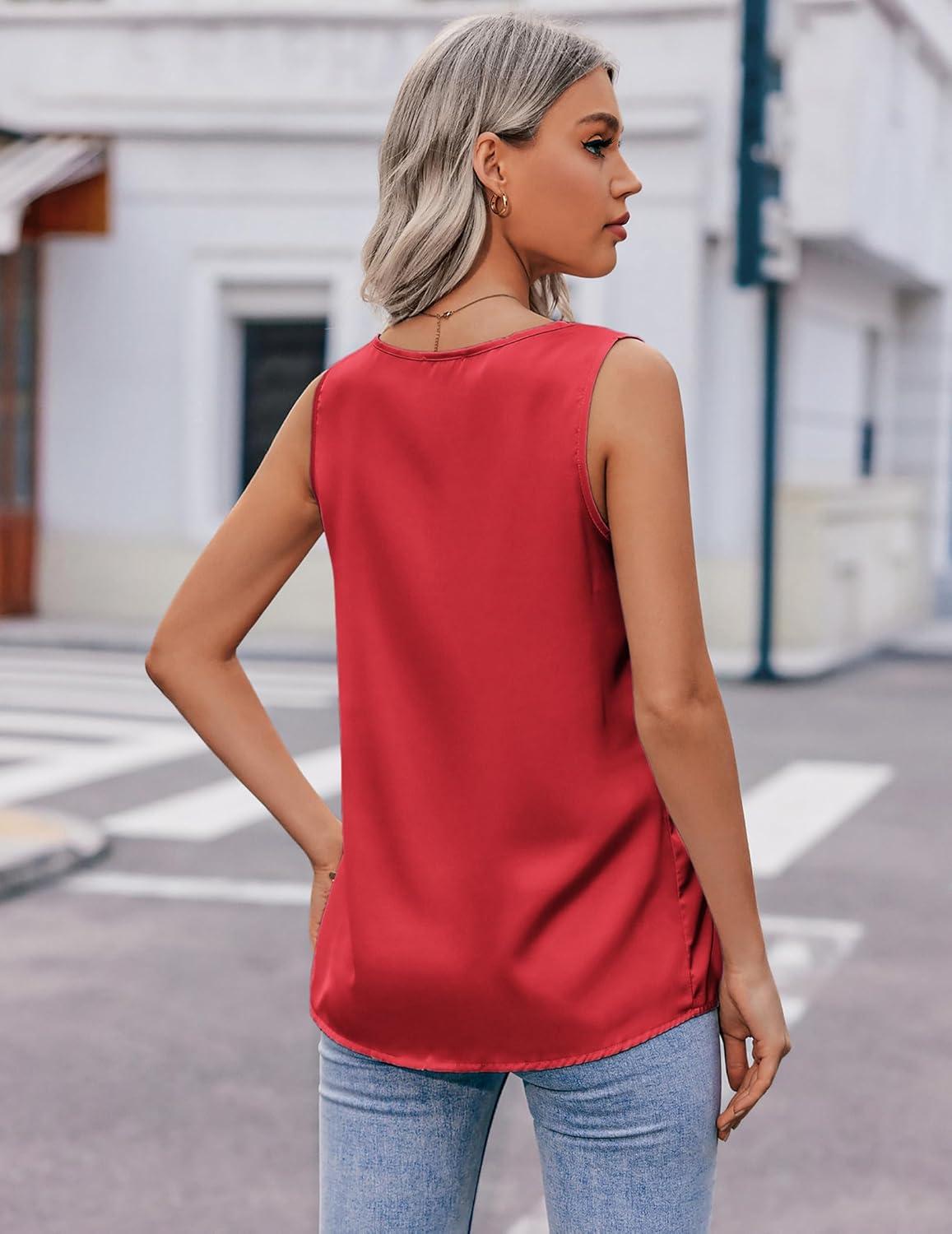 imageZeagoo Womens 2025 Silk Satin Tank Tops V Neck Casual Cami Sleeveless Camisole Blouses Summer Basic Tank ShirtBright Red