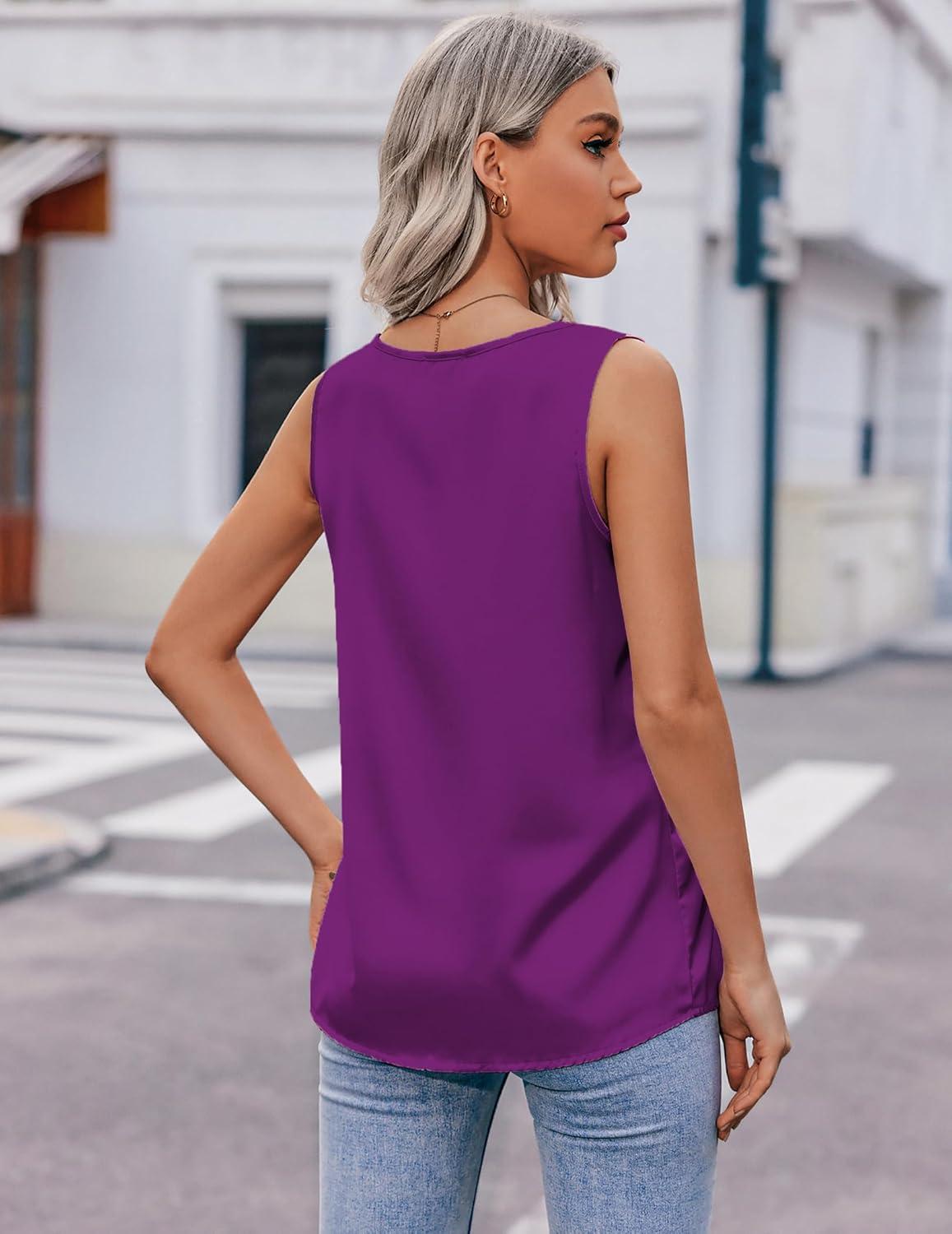 imageZeagoo Womens 2025 Silk Satin Tank Tops V Neck Casual Cami Sleeveless Camisole Blouses Summer Basic Tank ShirtPurple