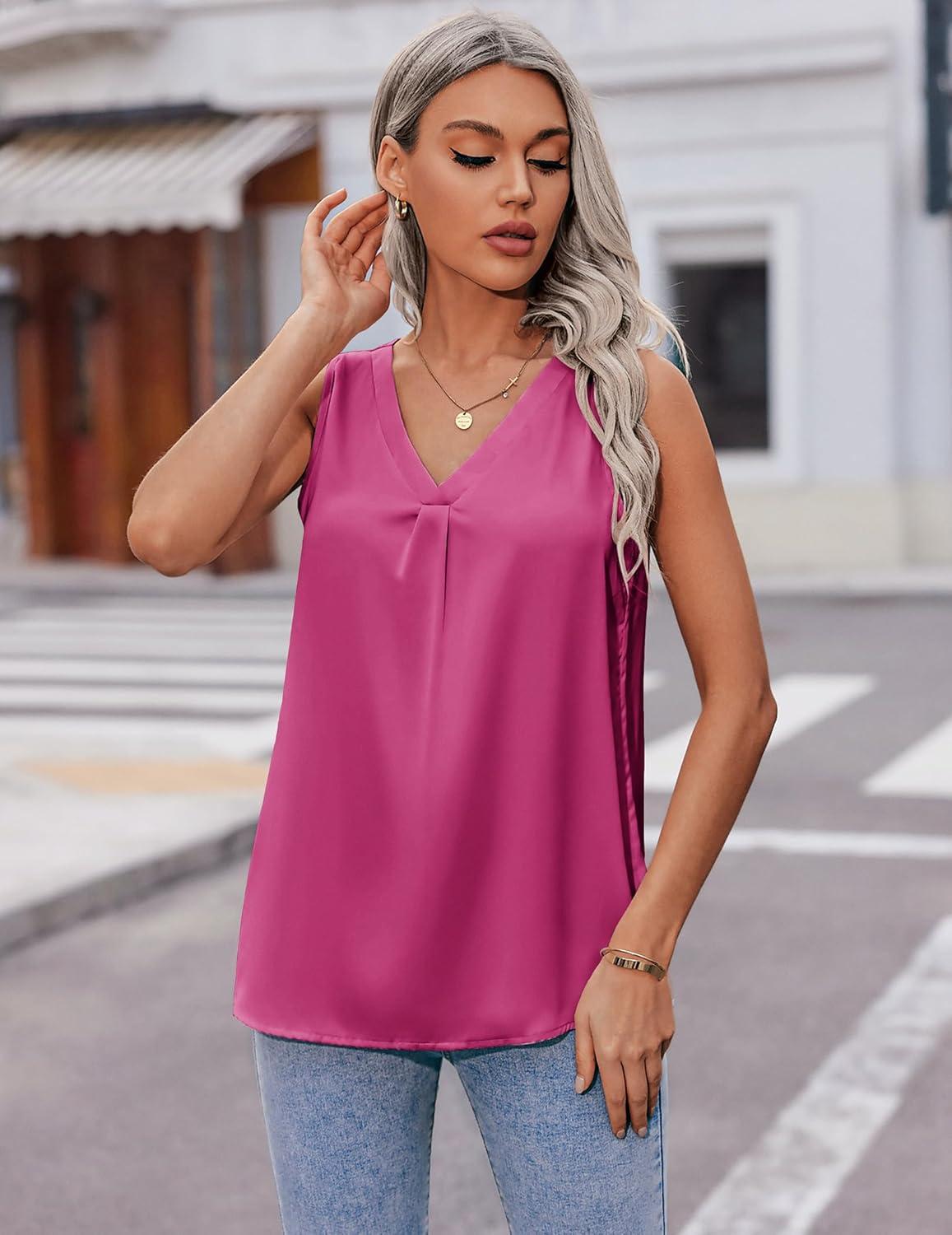 imageZeagoo Womens 2025 Silk Satin Tank Tops V Neck Casual Cami Sleeveless Camisole Blouses Summer Basic Tank ShirtRose Red