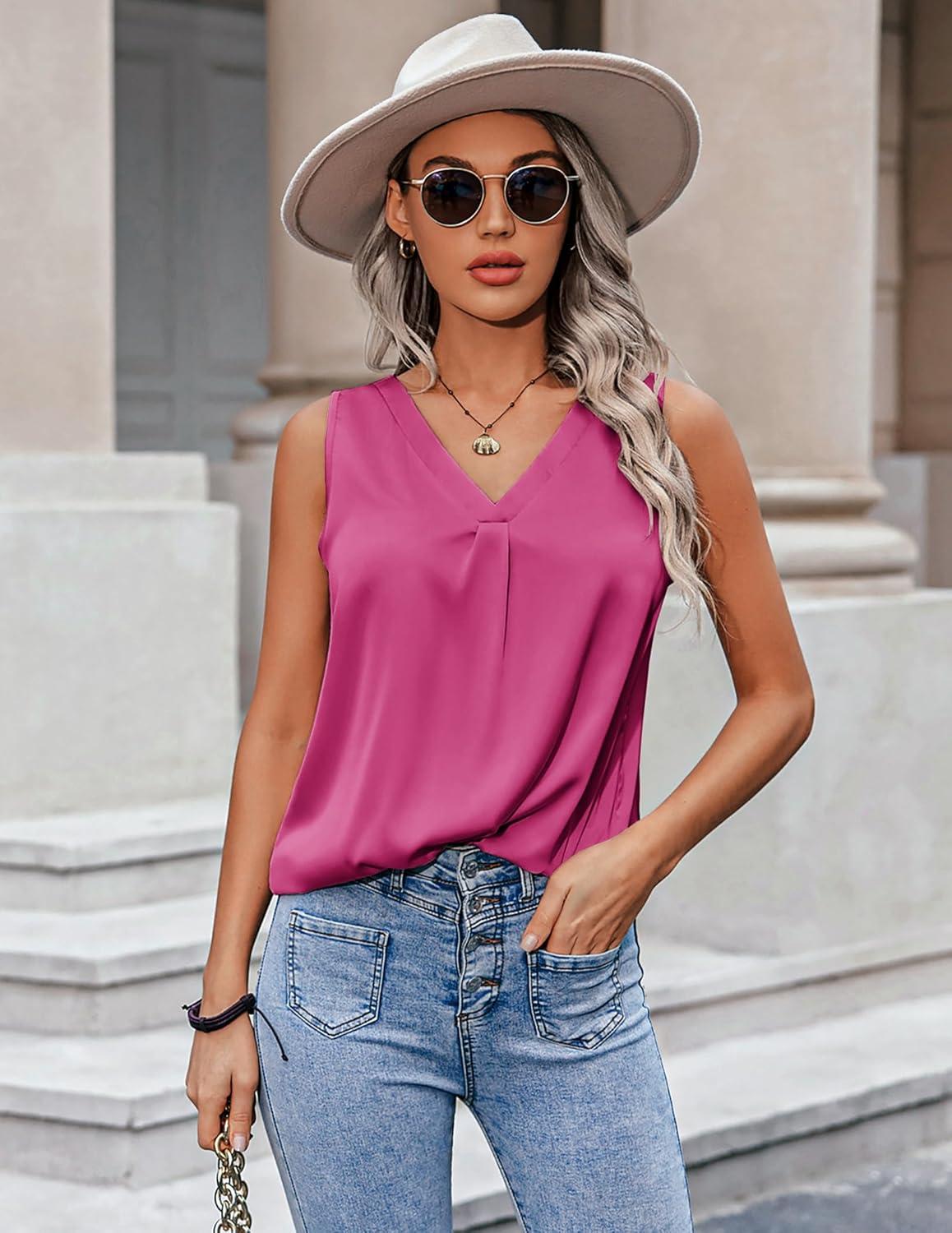 imageZeagoo Womens 2025 Silk Satin Tank Tops V Neck Casual Cami Sleeveless Camisole Blouses Summer Basic Tank ShirtRose Red