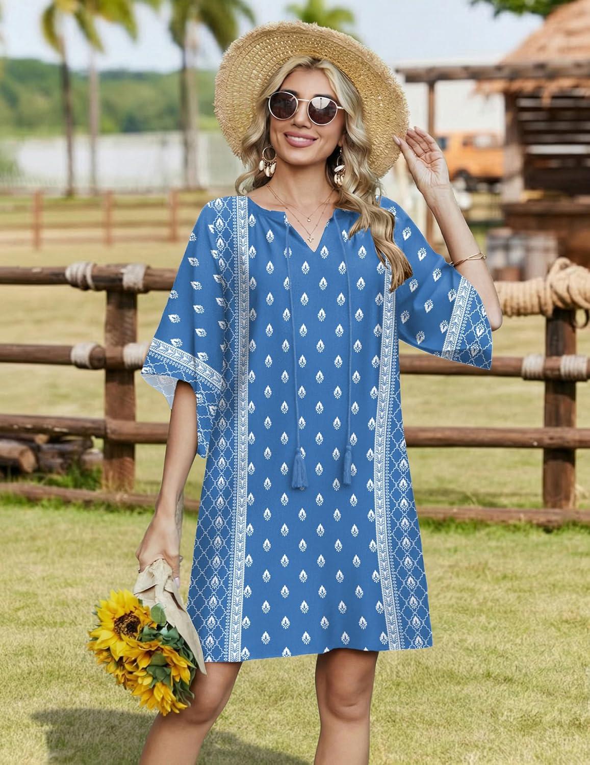 imageZeagoo Womens Casual Summer Dress Boho Beach Dresses Tassel Tie Neck 2026 Floral Cover Up Spring 34 Sleeve Mini SundressBlue and White