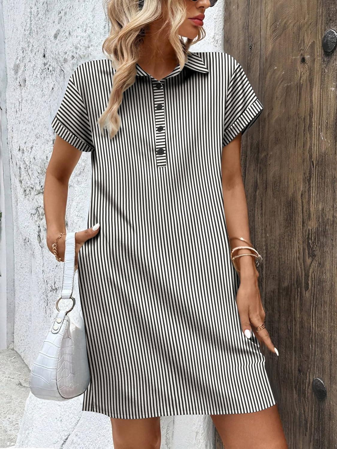 imageZeagoo Womens Cotton Shirt Dress Summer Casual Short Sleeve Button Down Beach Cover Up Shirts with Pockets01black White Stripe