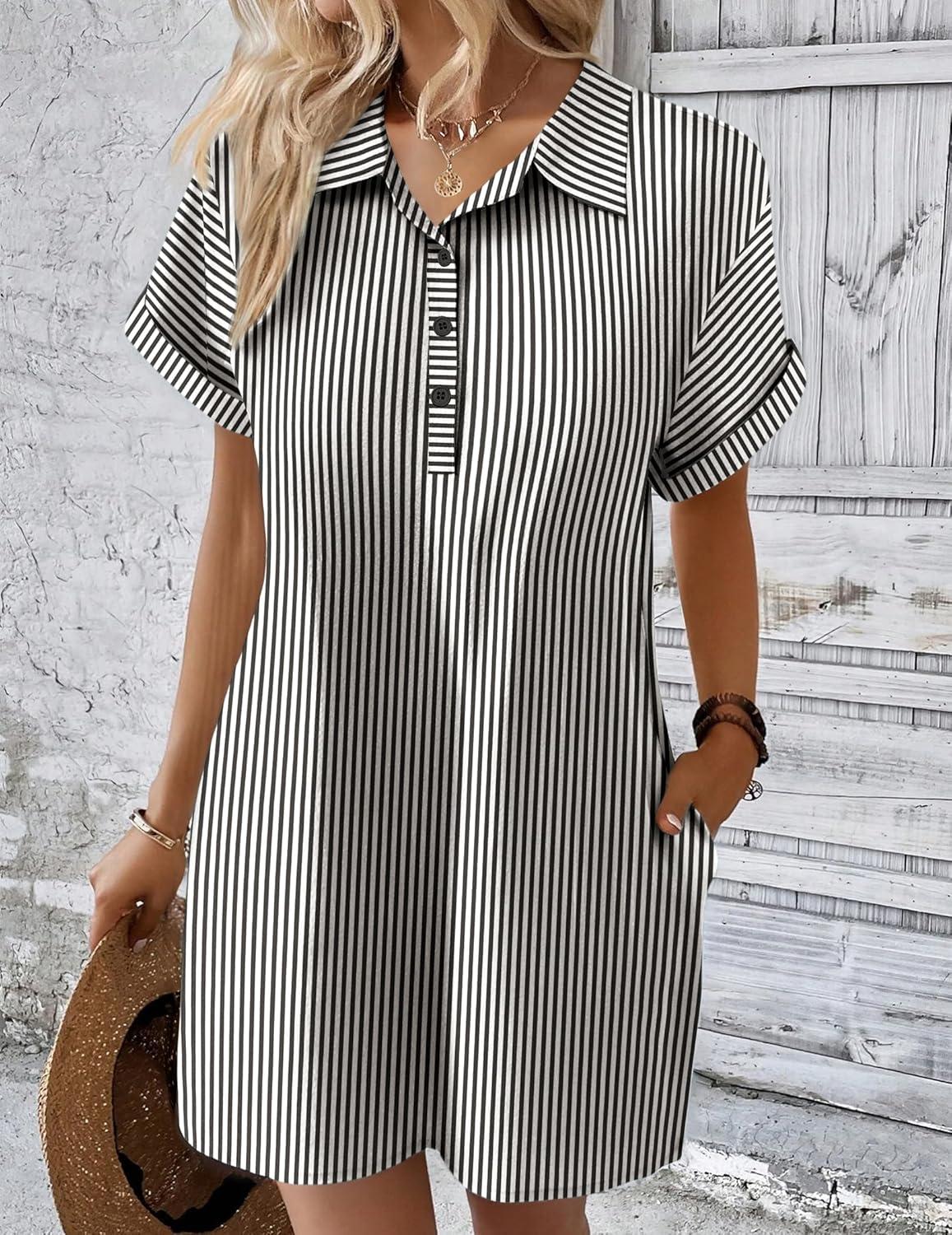 imageZeagoo Womens Cotton Shirt Dress Summer Casual Short Sleeve Button Down Beach Cover Up Shirts with Pockets01black White Stripe