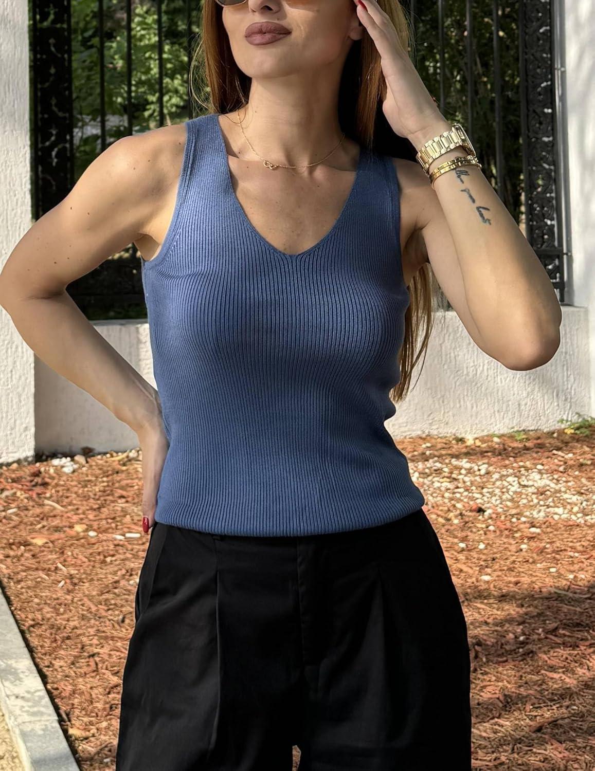 imageZeagoo Womens Ribbed Tank Tops 2026 V Neck Slim Fit Knit Sleeveless Shirts Casual Basic TeeNavy Blue