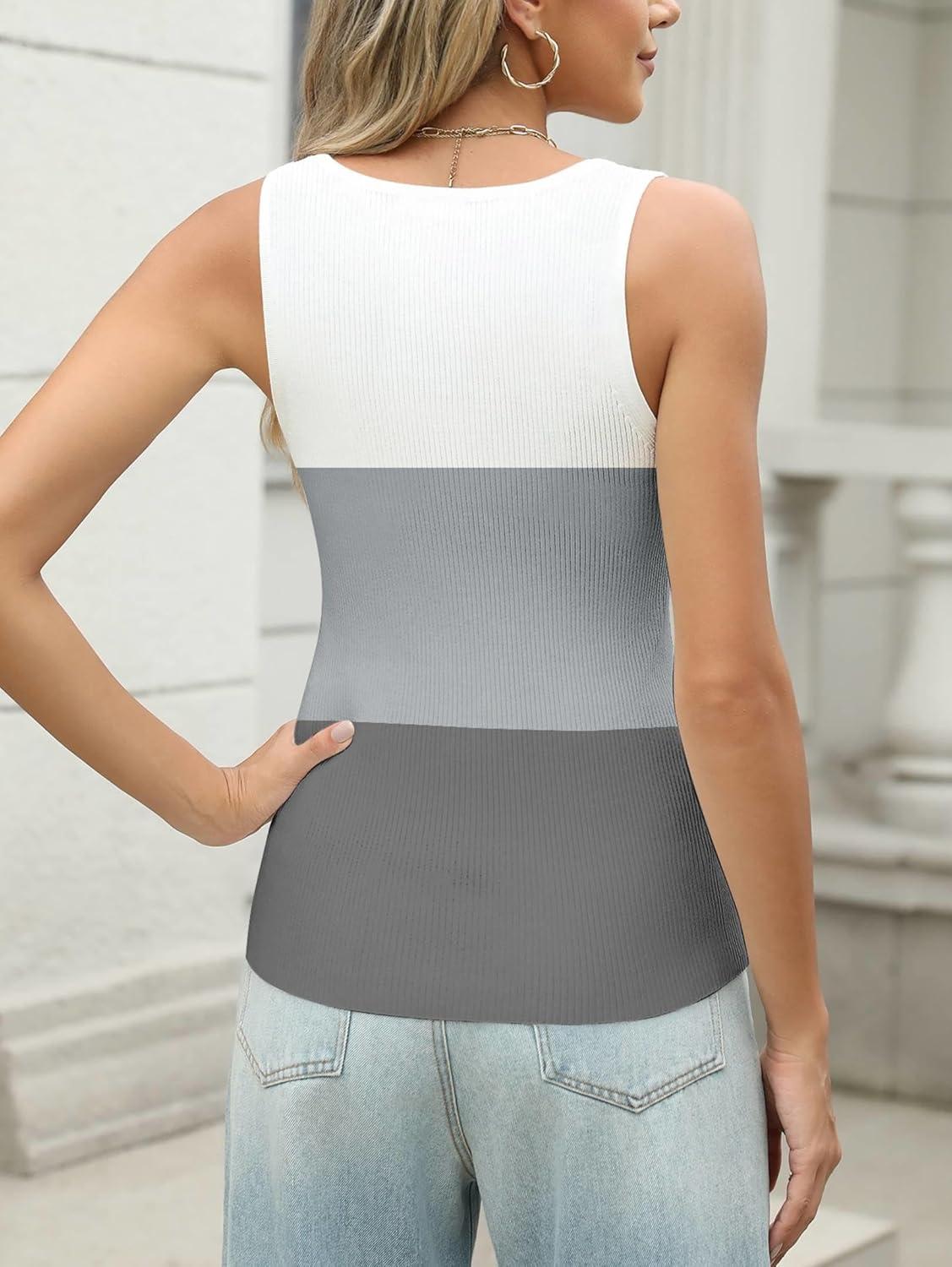 imageZeagoo Womens Ribbed Tank Tops 2026 V Neck Slim Fit Knit Sleeveless Shirts Casual Basic TeeWhite Gray Stripe