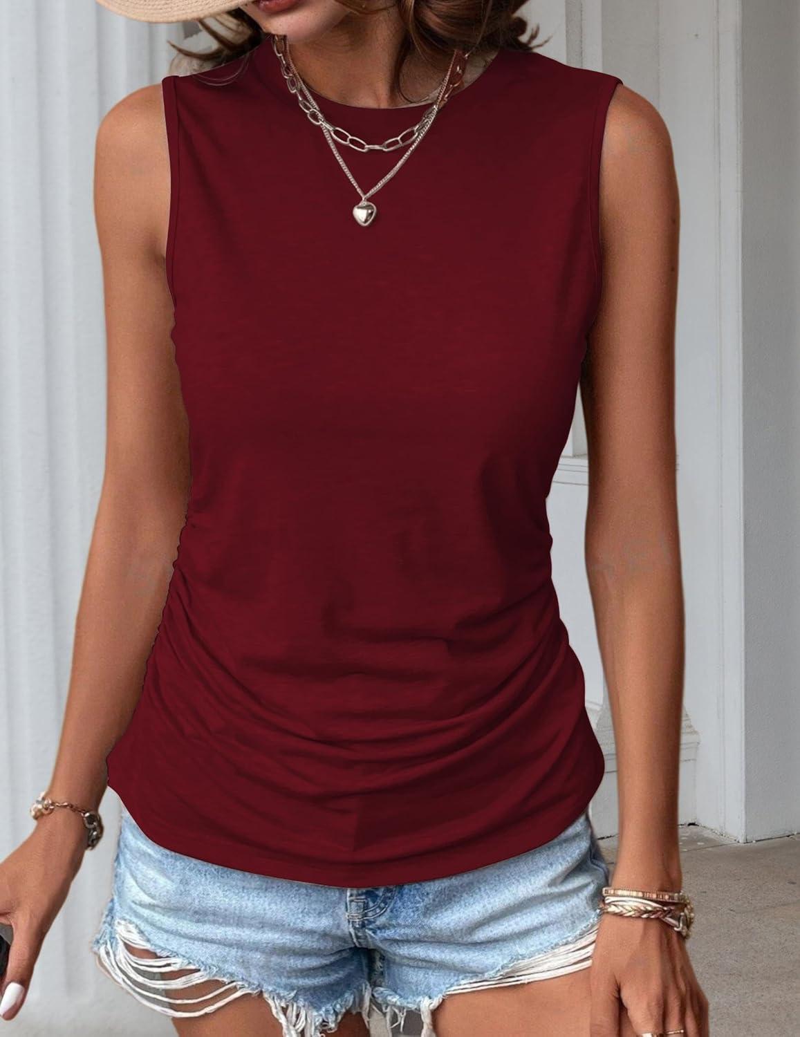 imageZeagoo Womens Ruched Tank Tops 2025 Crew Neck Cute Summer Sleeveless Blouse Shirts SXXL2 Packwine Red and Pink