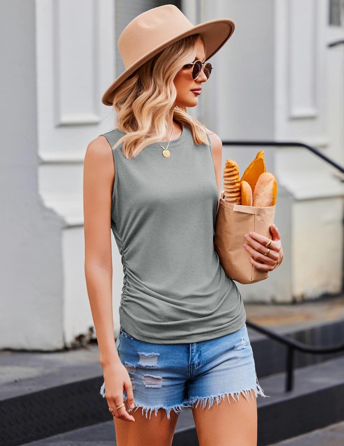 imageZeagoo Womens Ruched Tank Tops 2025 Crew Neck Cute Summer Sleeveless Blouse Shirts SXXLGrey