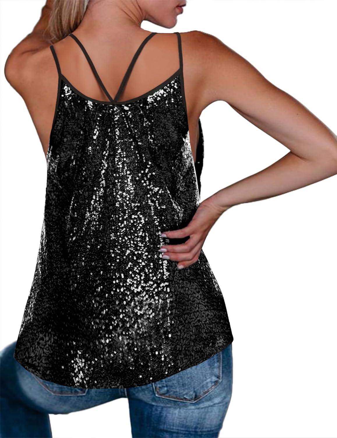 imageZeagoo Womens Sleeveless Sequin Top Sparkle Glitter Top Shimmer Camisole Vest Tank TopsBlack