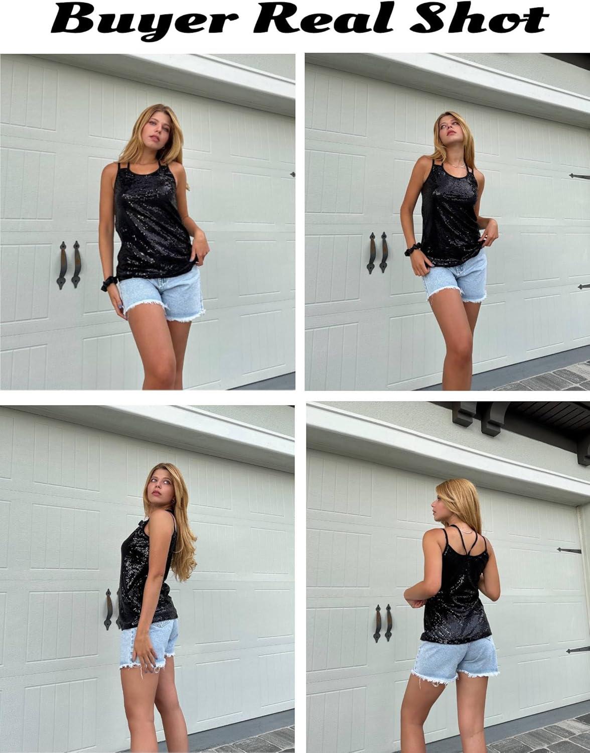 imageZeagoo Womens Sleeveless Sequin Top Sparkle Glitter Top Shimmer Camisole Vest Tank TopsBlack