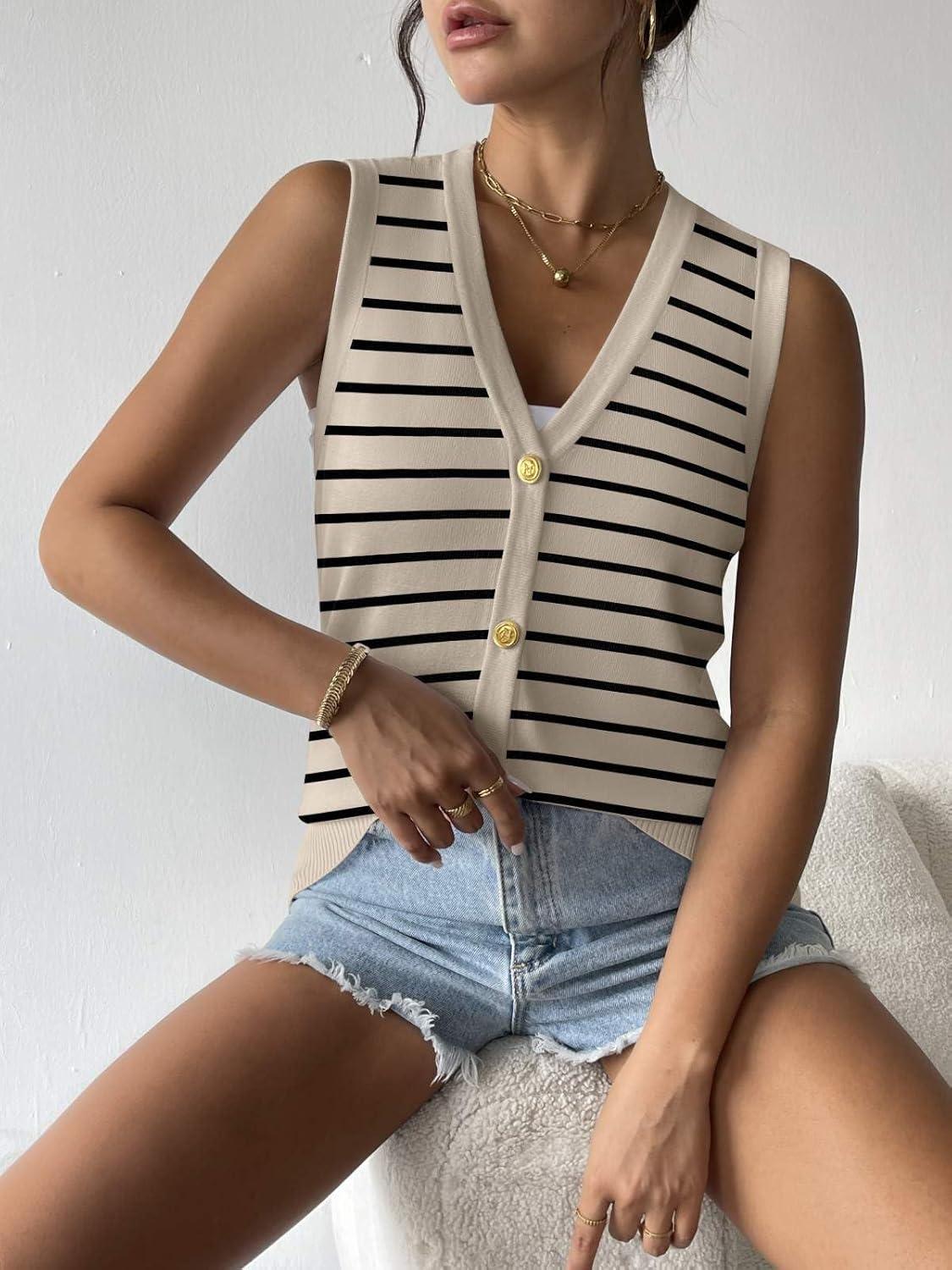 imageZeagoo Womens Sweater Vest V Neck Button Down Shirts Trendy Knit Sleeveless Cardigan Top Shirt SXXLBeige Stripe