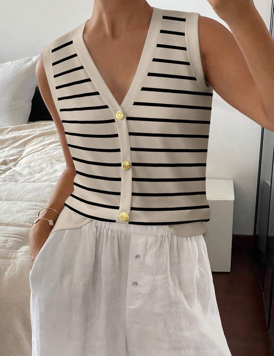 imageZeagoo Womens Sweater Vest V Neck Button Down Shirts Trendy Knit Sleeveless Cardigan Top Shirt SXXLBeige Stripe