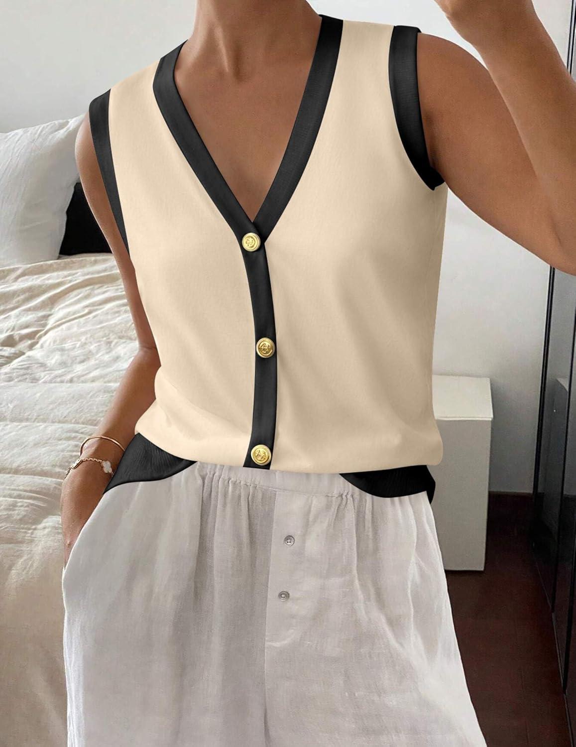 imageZeagoo Womens Sweater Vest V Neck Button Down Shirts Trendy Knit Sleeveless Cardigan Top Shirt SXXLBlack Beige Color Block