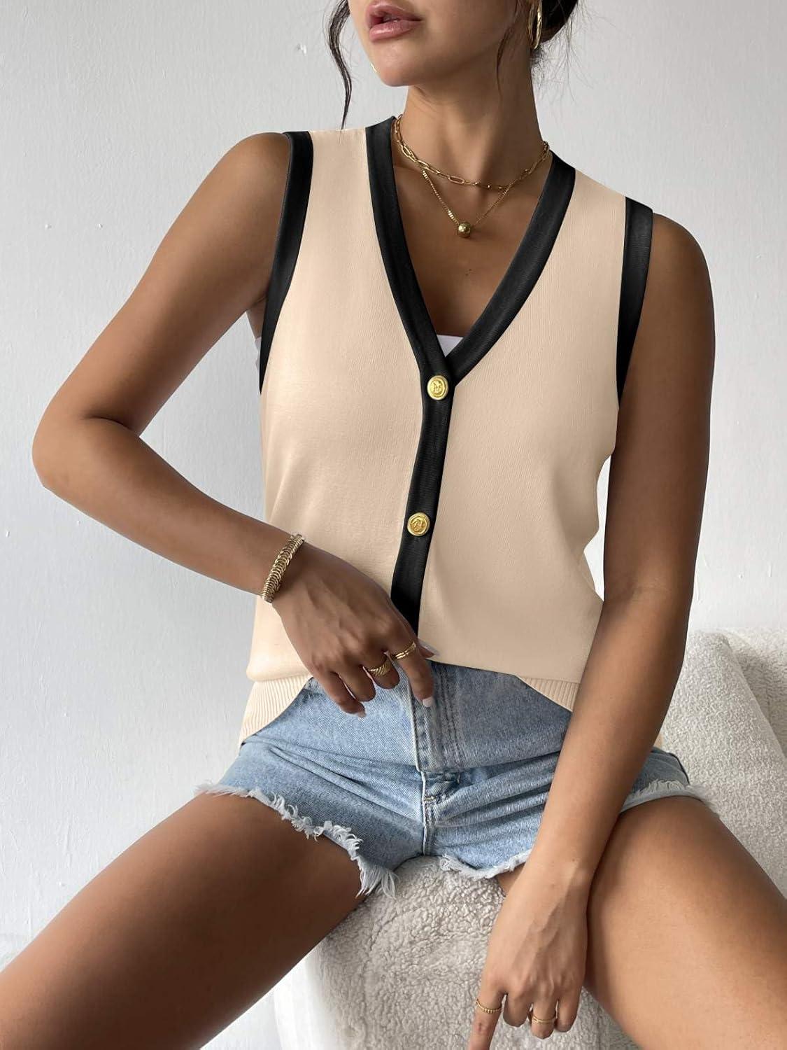 imageZeagoo Womens Sweater Vest V Neck Button Down Shirts Trendy Knit Sleeveless Cardigan Top Shirt SXXLBlack Beige Color Block