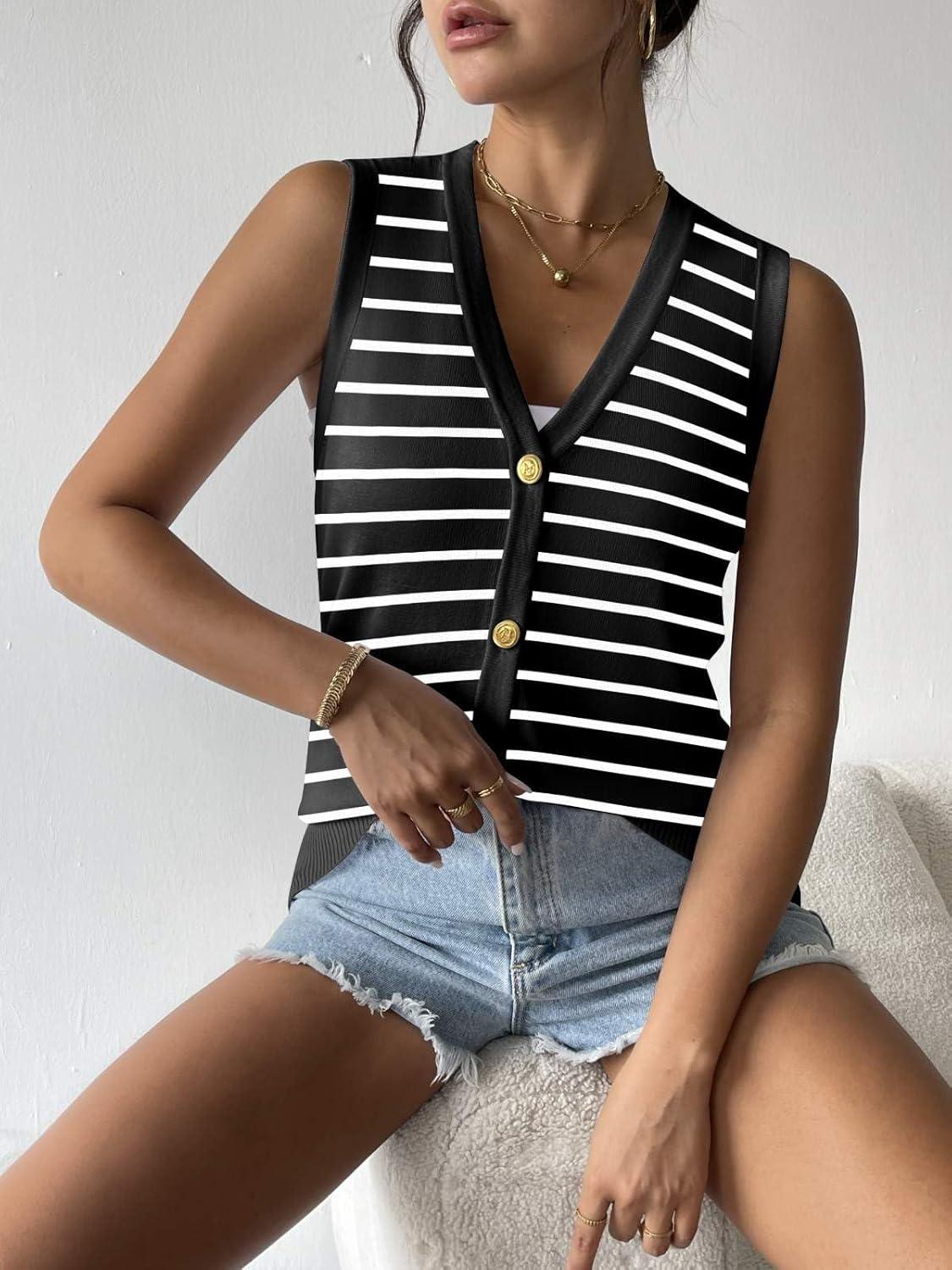 imageZeagoo Womens Sweater Vest V Neck Button Down Shirts Trendy Knit Sleeveless Cardigan Top Shirt SXXLBlack Stripe