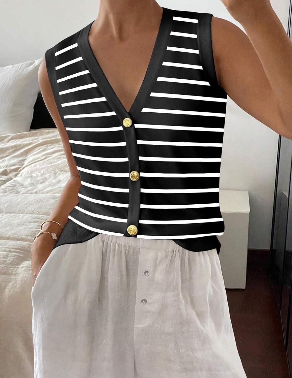 imageZeagoo Womens Sweater Vest V Neck Button Down Shirts Trendy Knit Sleeveless Cardigan Top Shirt SXXLBlack Stripe