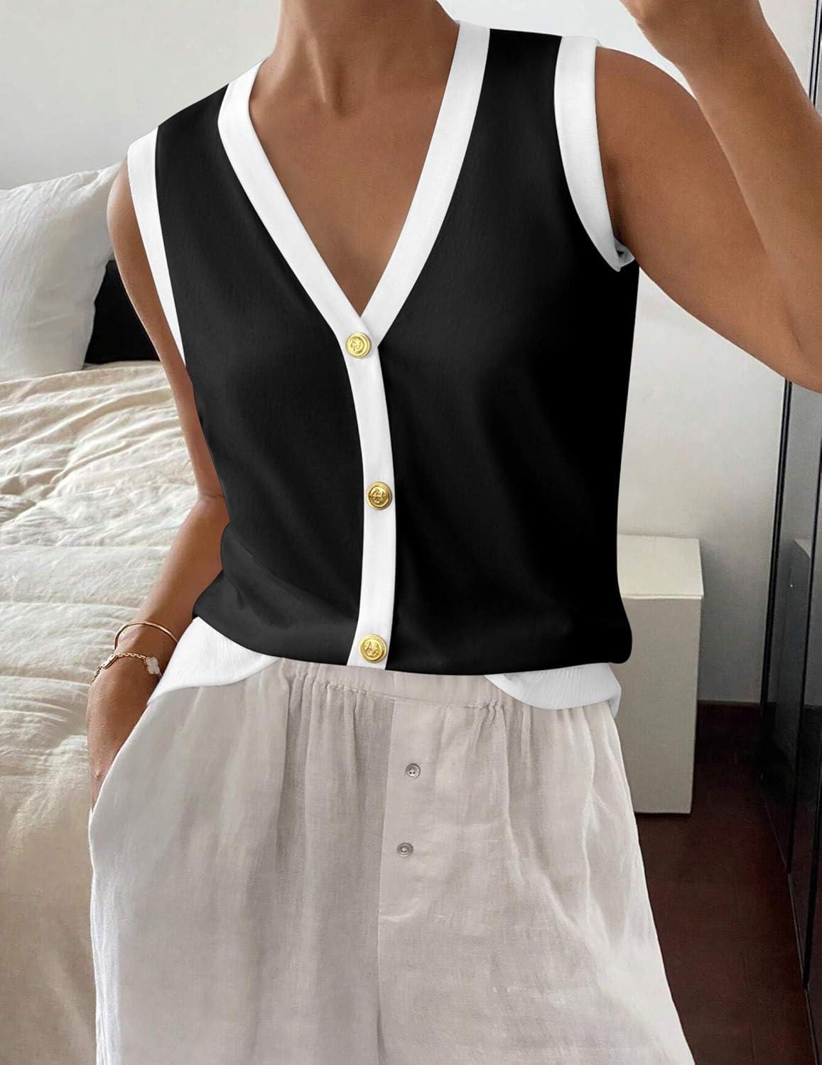 imageZeagoo Womens Sweater Vest V Neck Button Down Shirts Trendy Knit Sleeveless Cardigan Top Shirt SXXLBlack White Color Block