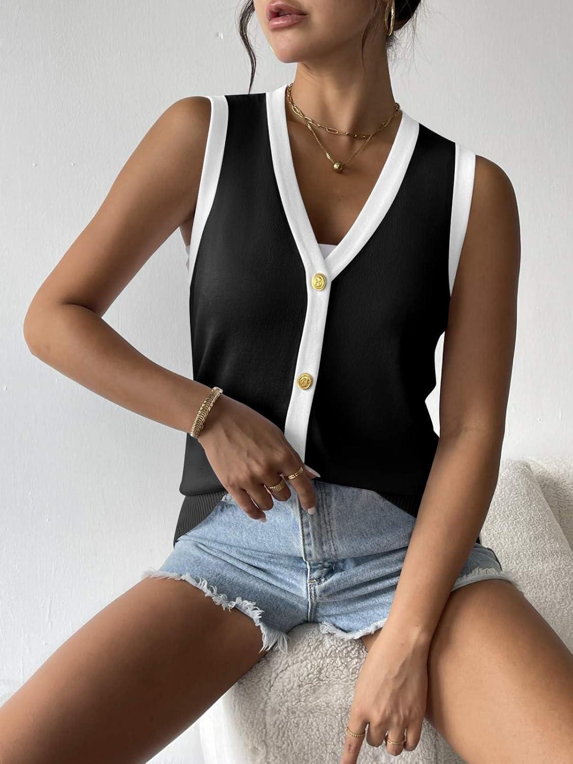imageZeagoo Womens Sweater Vest V Neck Button Down Shirts Trendy Knit Sleeveless Cardigan Top Shirt SXXLBlack White Color Block