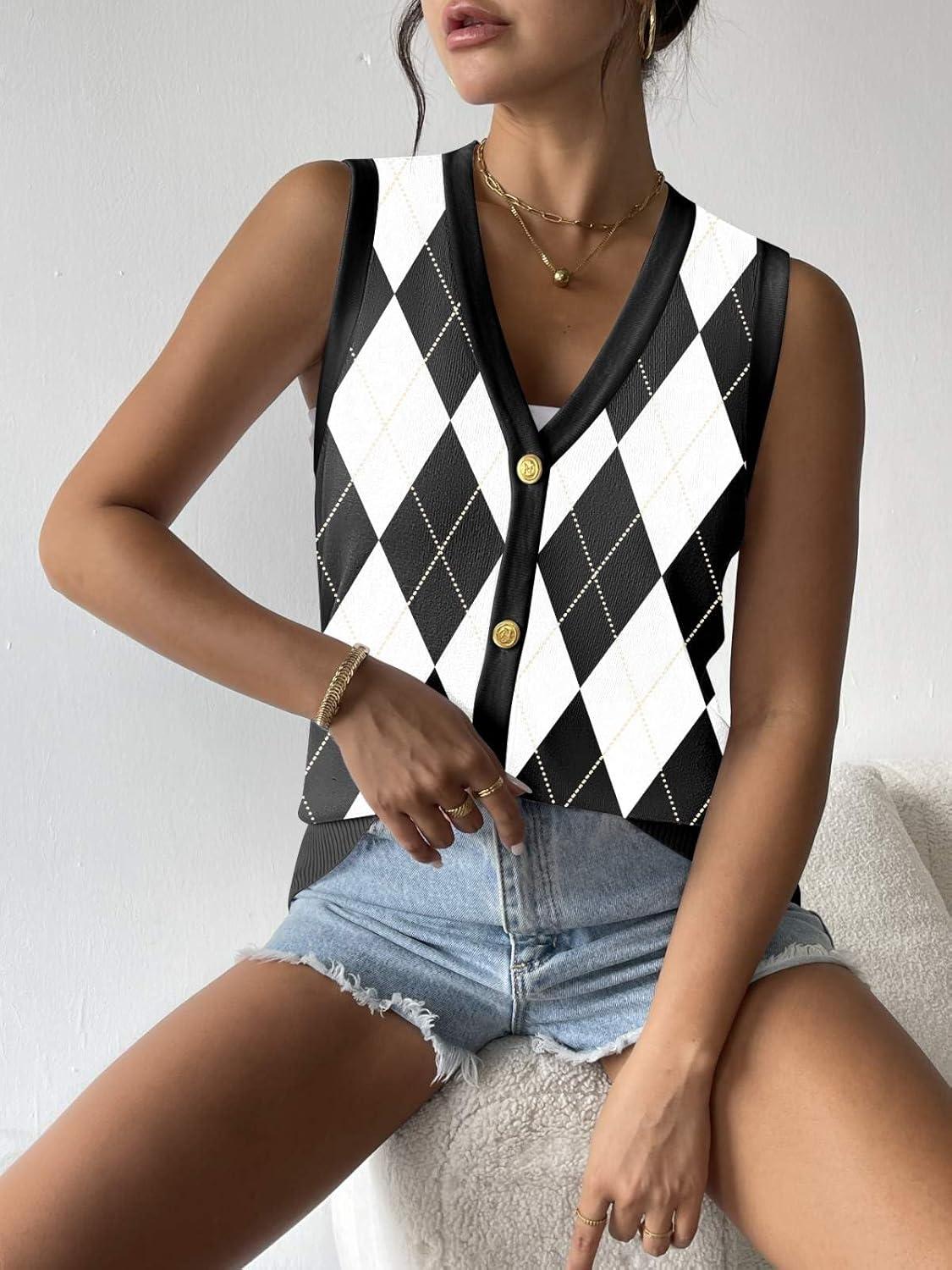 imageZeagoo Womens Sweater Vest V Neck Button Down Shirts Trendy Knit Sleeveless Cardigan Top Shirt SXXLBlack White Diamond