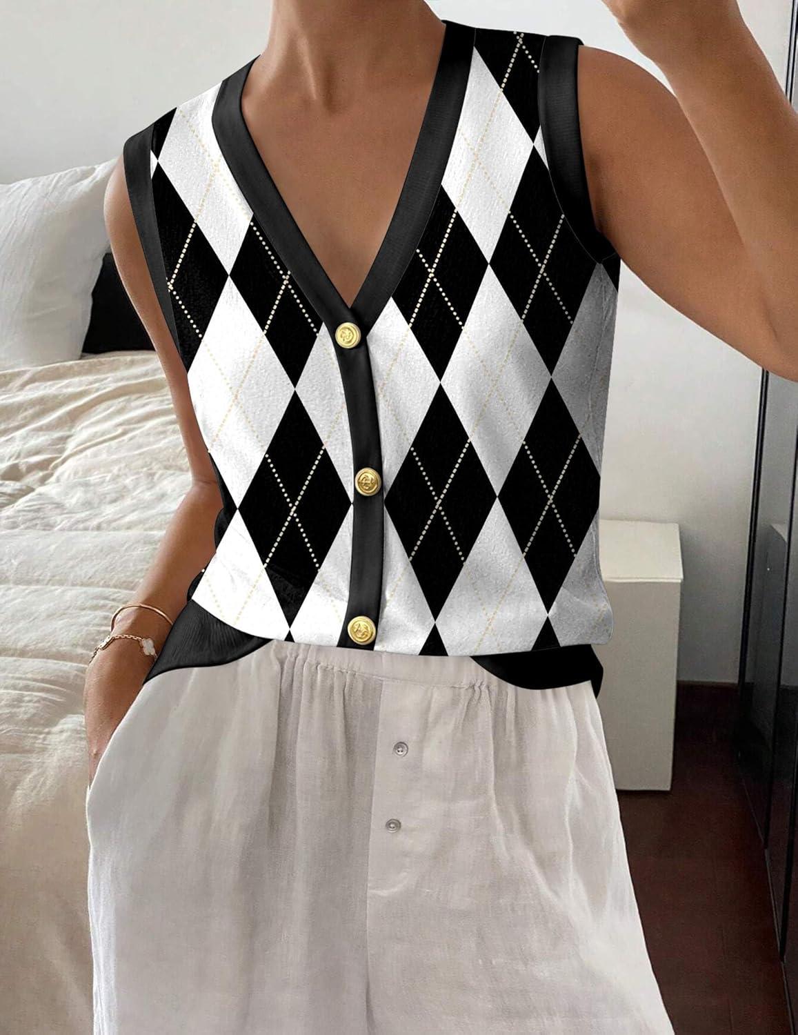 imageZeagoo Womens Sweater Vest V Neck Button Down Shirts Trendy Knit Sleeveless Cardigan Top Shirt SXXLBlack White Diamond