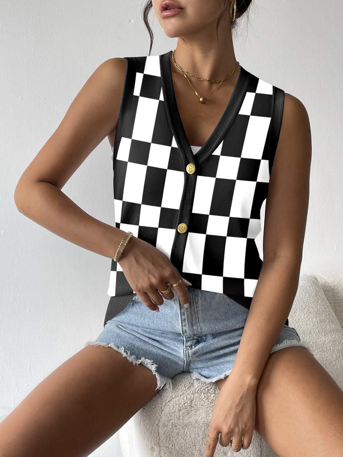 imageZeagoo Womens Sweater Vest V Neck Button Down Shirts Trendy Knit Sleeveless Cardigan Top Shirt SXXLBlack White Plaid