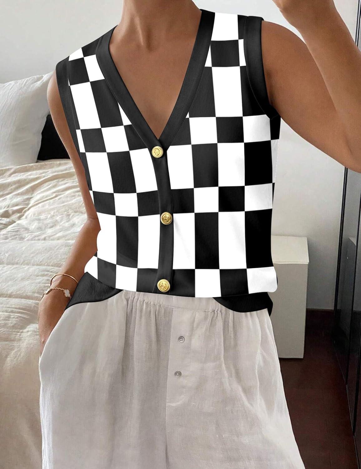 imageZeagoo Womens Sweater Vest V Neck Button Down Shirts Trendy Knit Sleeveless Cardigan Top Shirt SXXLBlack White Plaid