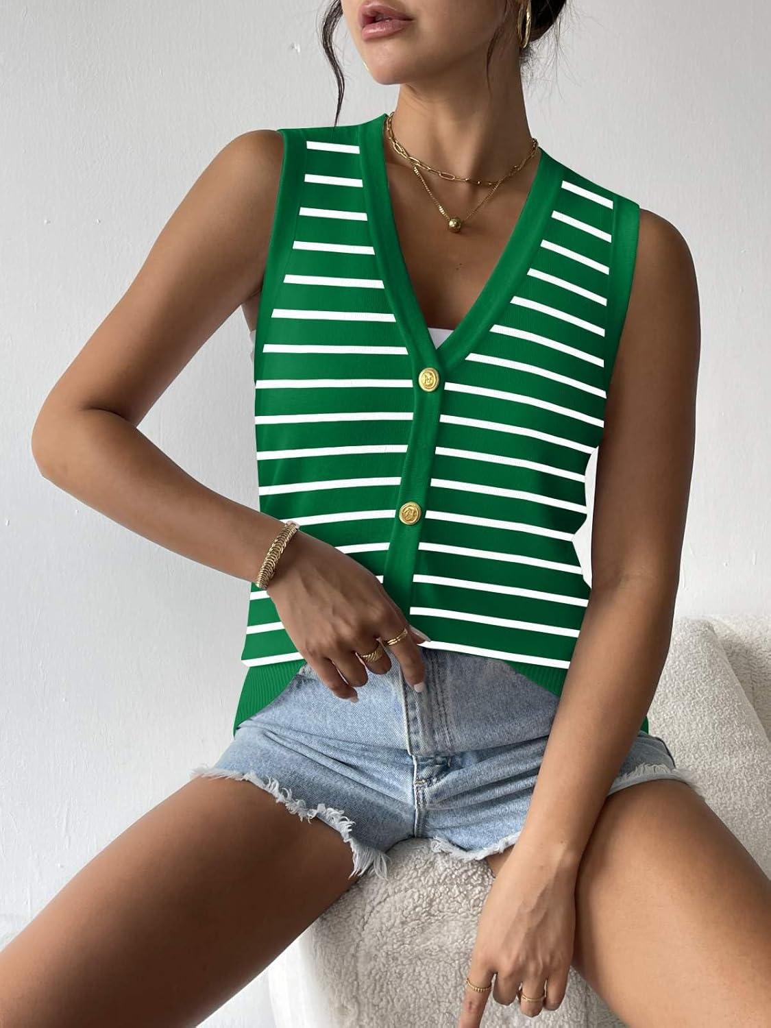 imageZeagoo Womens Sweater Vest V Neck Button Down Shirts Trendy Knit Sleeveless Cardigan Top Shirt SXXLGreen Stripe