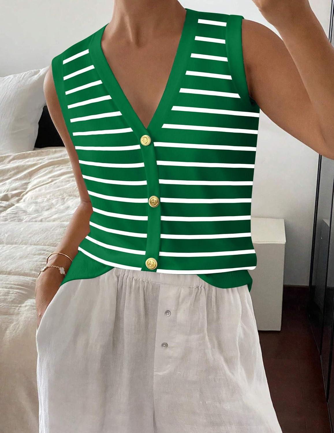 imageZeagoo Womens Sweater Vest V Neck Button Down Shirts Trendy Knit Sleeveless Cardigan Top Shirt SXXLGreen Stripe