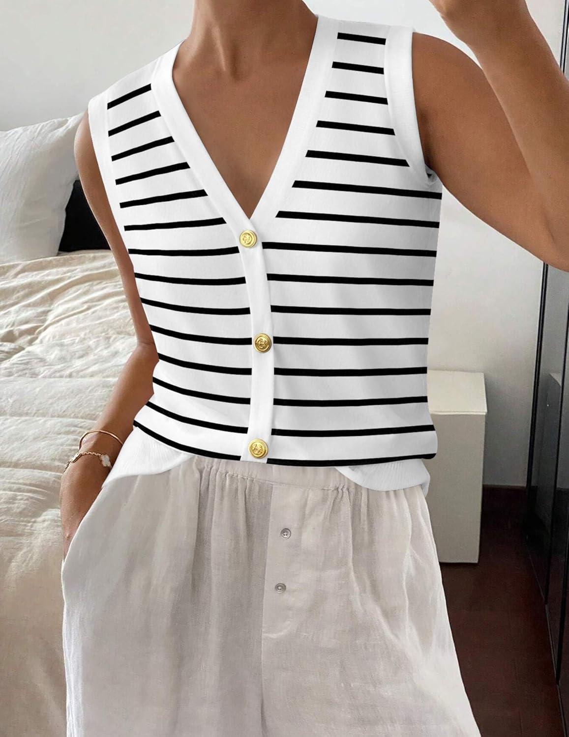 imageZeagoo Womens Sweater Vest V Neck Button Down Shirts Trendy Knit Sleeveless Cardigan Top Shirt SXXLWhite Stripe