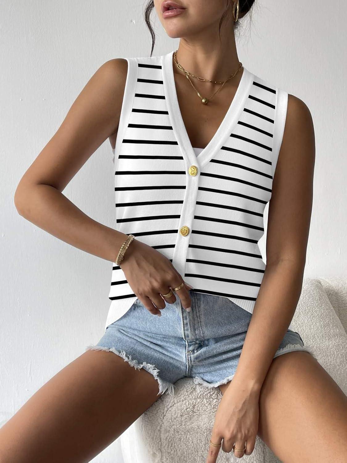 imageZeagoo Womens Sweater Vest V Neck Button Down Shirts Trendy Knit Sleeveless Cardigan Top Shirt SXXLWhite Stripe