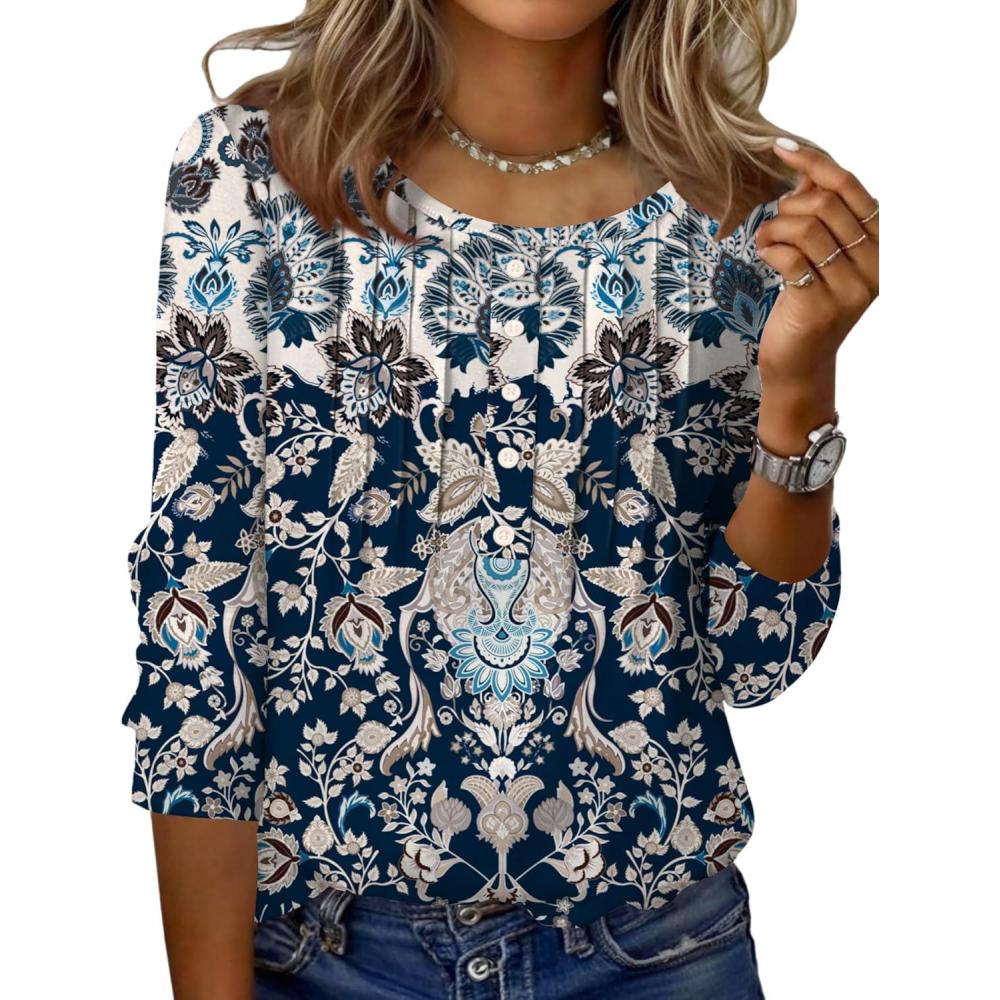 imageZeagoo 34 Length Sleeve Womens Tops Round Neck Casual Summer Tunic Tops Basic Tees Blouses Dressy TShirts Pleated ShirtsMz873