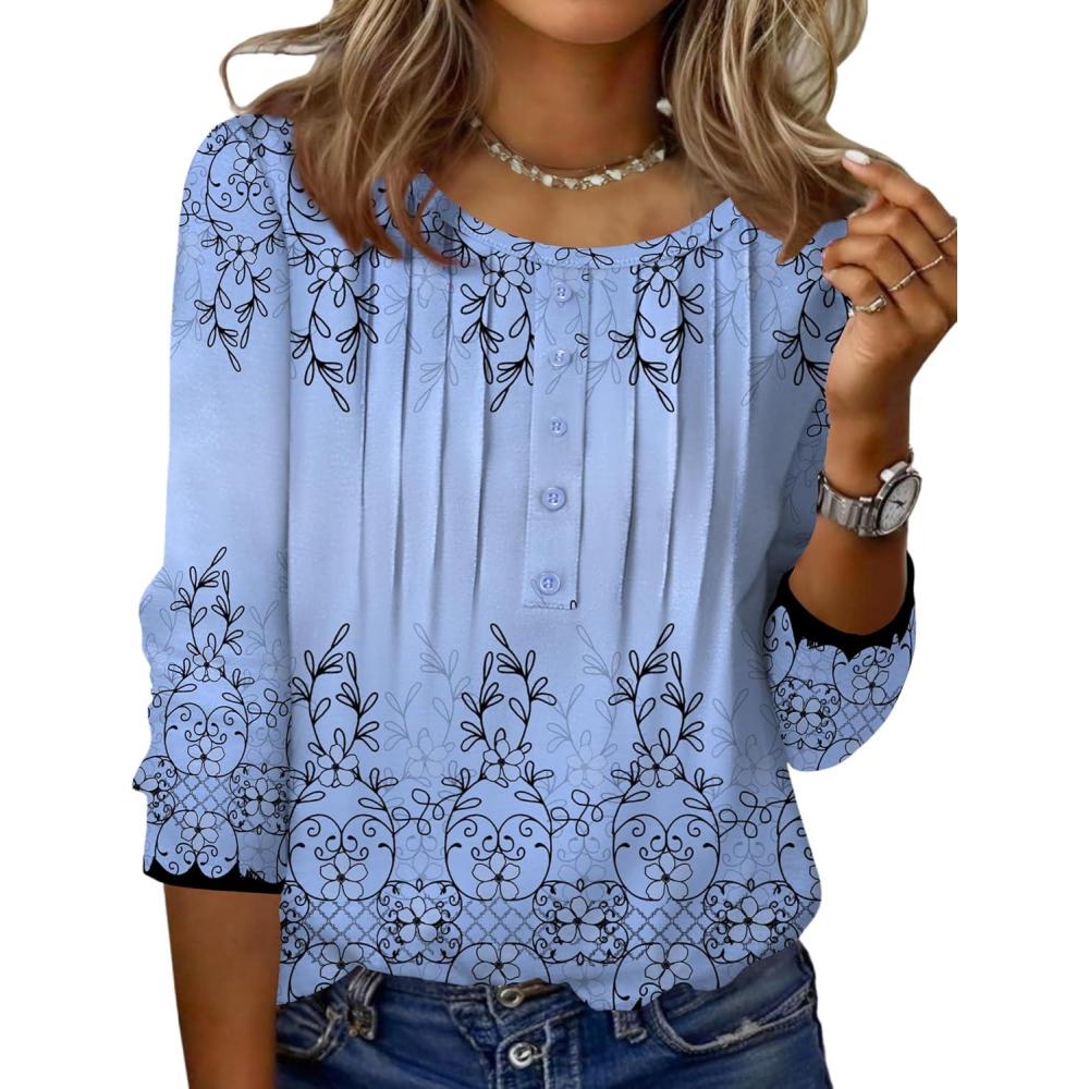 imageZeagoo 34 Length Sleeve Womens Tops Round Neck Casual Summer Tunic Tops Basic Tees Blouses Dressy TShirts Pleated ShirtsSf166