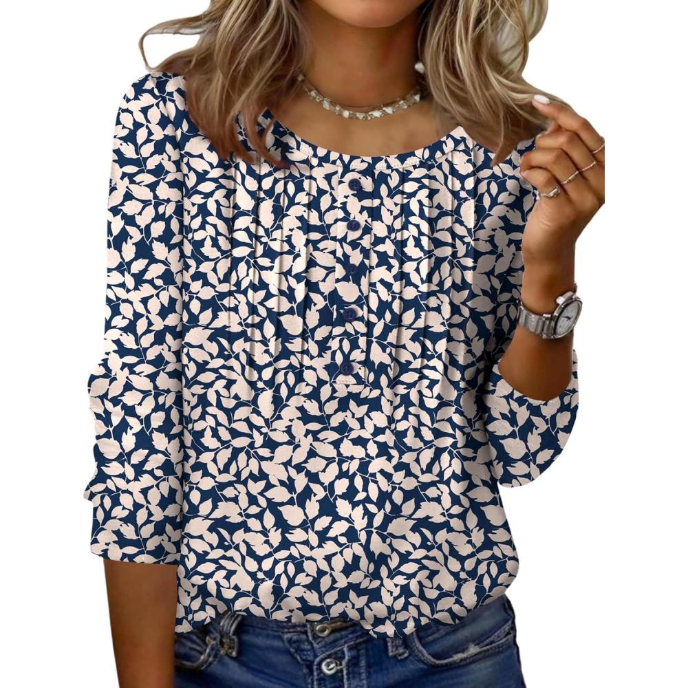 imageZeagoo 34 Length Sleeve Womens Tops Round Neck Casual Summer Tunic Tops Basic Tees Blouses Dressy TShirts Pleated ShirtsSp64