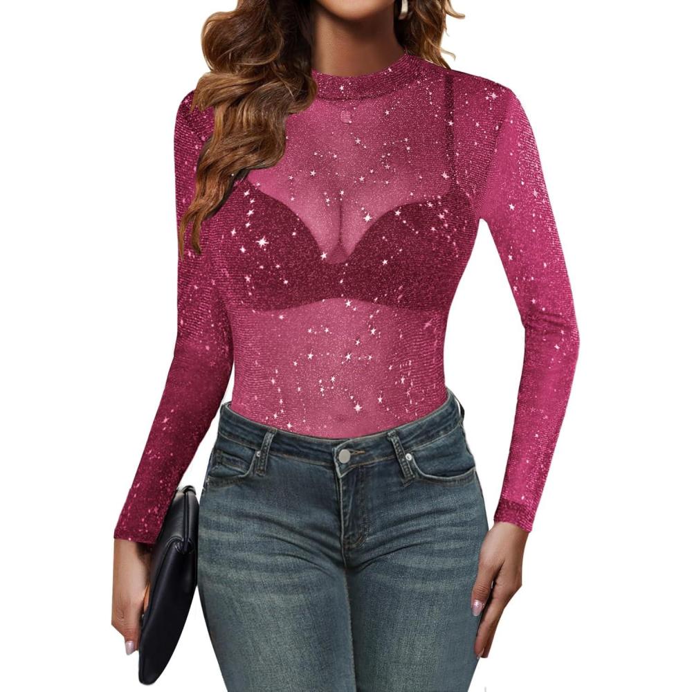 imageZeagoo Mesh Top Women Long Sleeve Shirts See Through Party Layering Mock Neck 2024 Fall Sheer UndershirtRose Shiny Stars