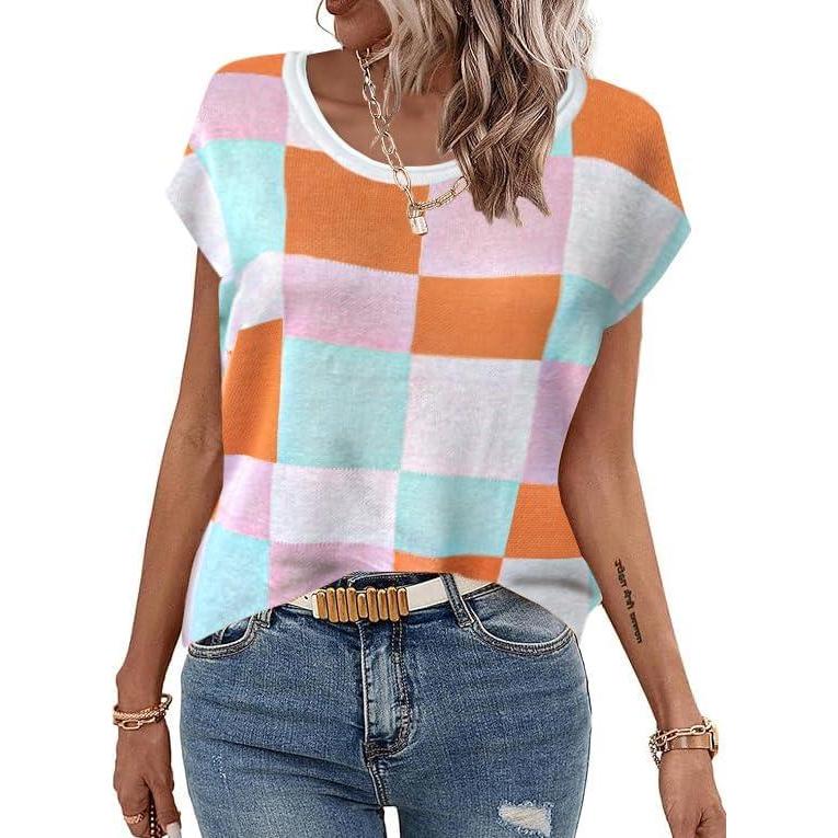 imageZeagoo Sweater Vest Women Crew Neck Loose Fit Knit Lightweight T Shirts Pullover Casual Summer OutfitsPink Plaid