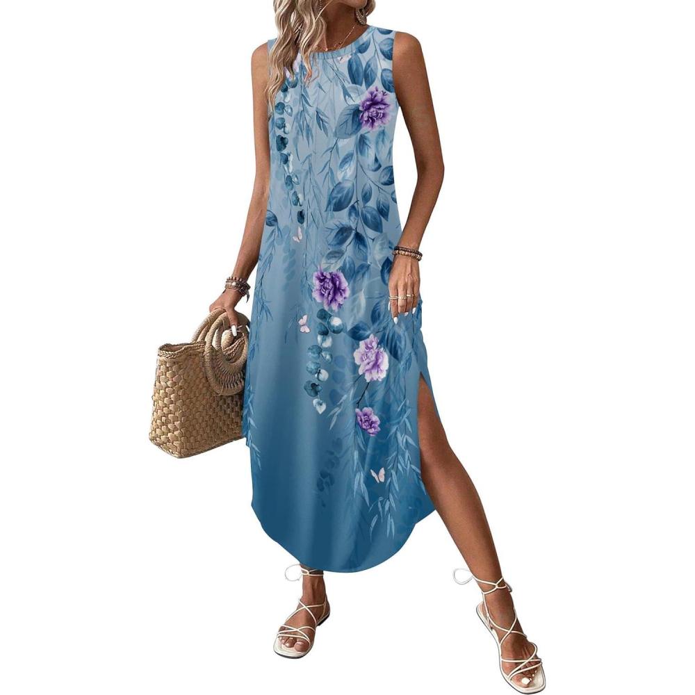 imageZeagoo Women Floral Summer Casual Beach Printed Tank Dress with Pockets Pleated Front Long Dress2602 Blue Floral